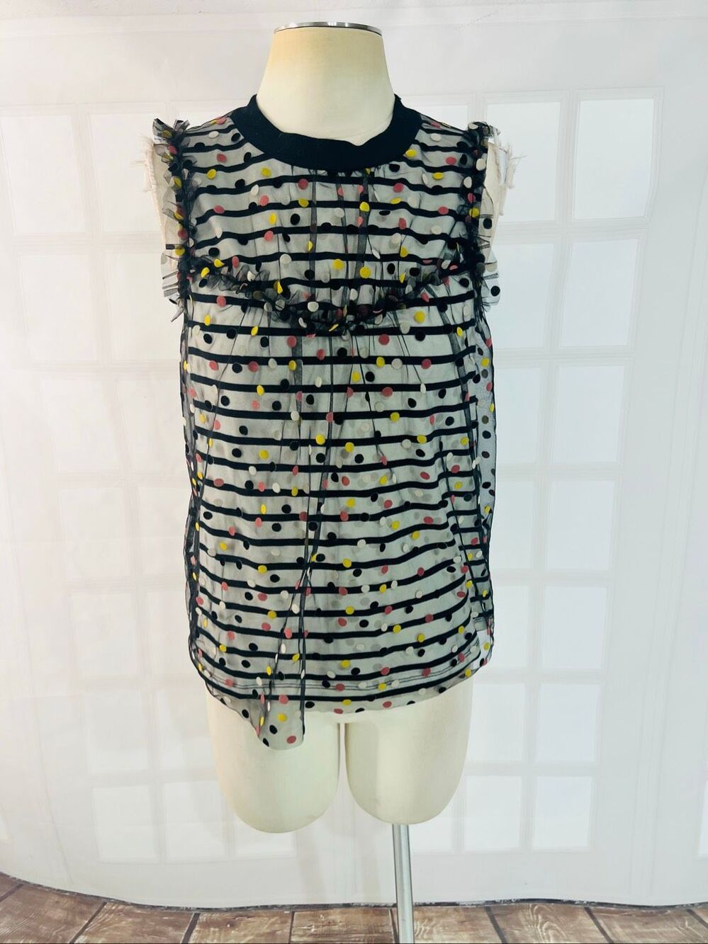 Maeve Anthropologie Black Contrast Dotted Tulle Sleeveless Tank Top Size Small